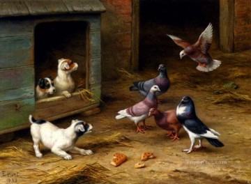 Puppies And Pigeons Playing By A Kennel poultry livestock barn Edgar Hunt Oil Paintings